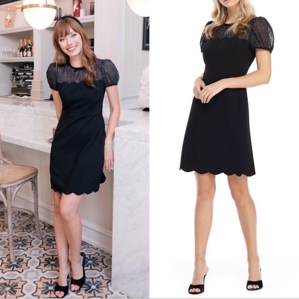 Gal Meets Glam Black Mini Dress with Polka Dot Puff Sleeves and Scallop Hem